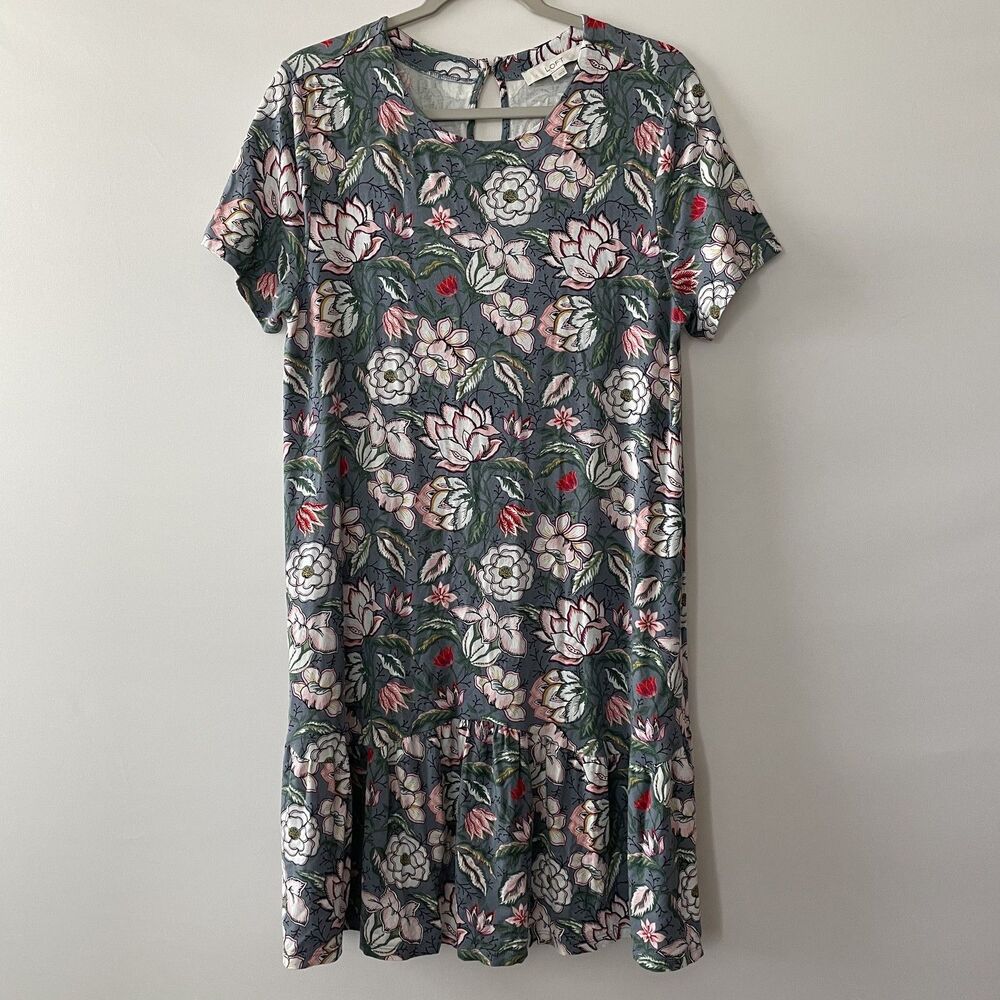 LOFT Women's Floral Tiered Shift Dress Short Sleeve Gray Pink Size L